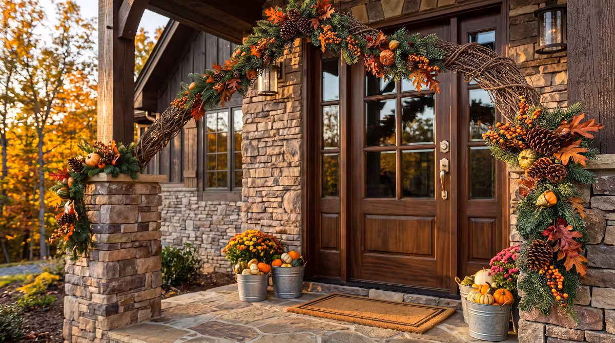 A rustic appalachian fall garland on the front of a house.