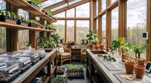 Plants that are growing in a sunroom greenhouse.
