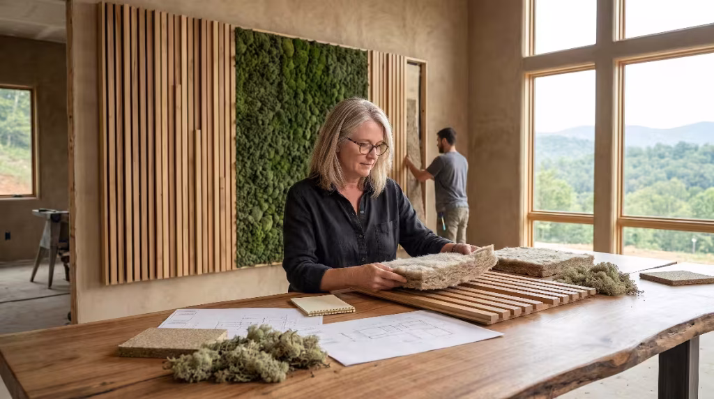 A woman looking at materials for soundscaping.