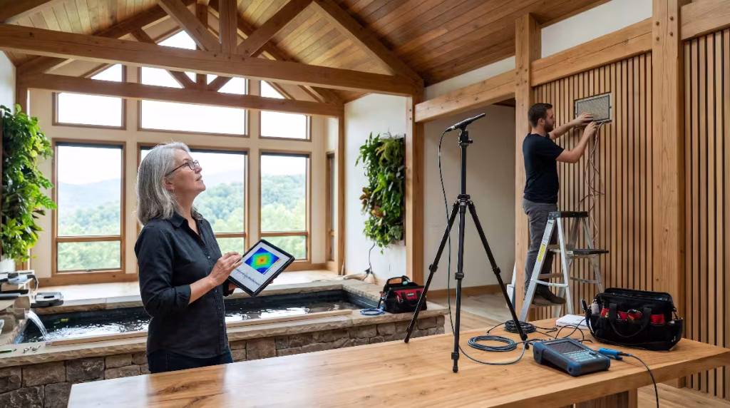 Two people measuing the soundscaping in a room.