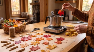 A person using autumn leaves for decor.