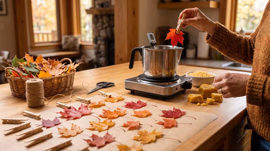 A person using autumn leaves for decor.