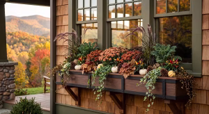A home with autumn window box arrangements.
