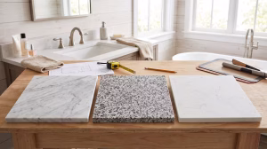 Three different bathroom countertops laid out.