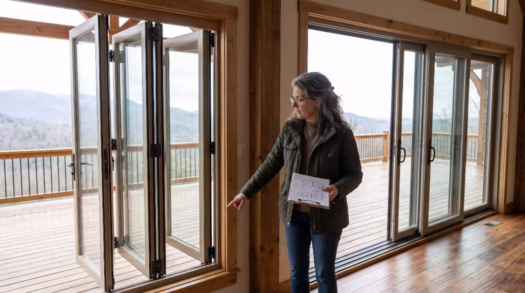 A woman pointing to a bi-fold door.