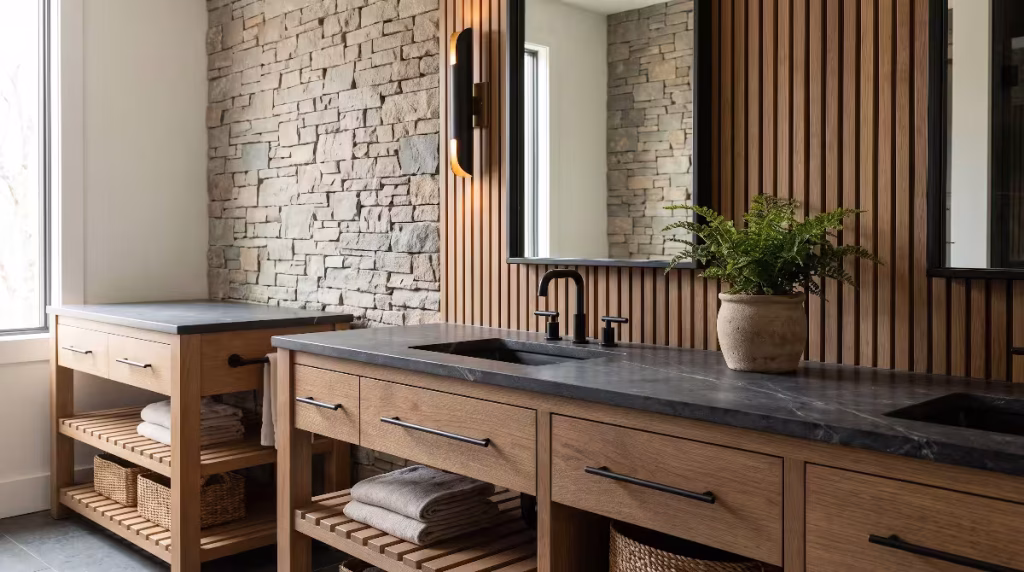 A bathroom with biophilic materials.