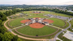 An aerial view of ballfields at brickyard park in kingsport, tn.