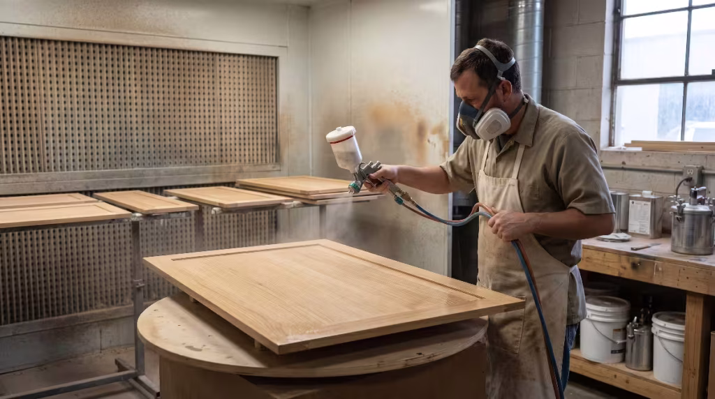 A man finishing a cabinet door.