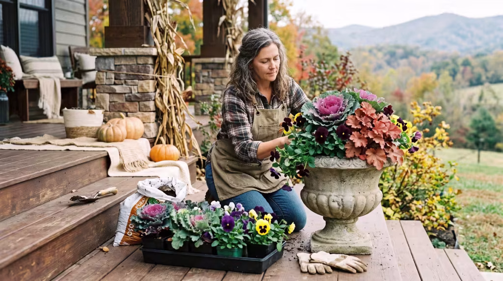A woman styling with seasonal plants.