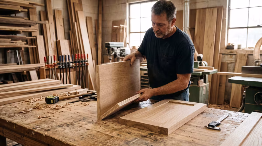 A man looking at veneer vs. solid core wood.