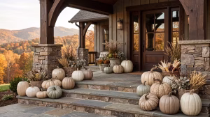 Decorative pumpkins on a front porch.