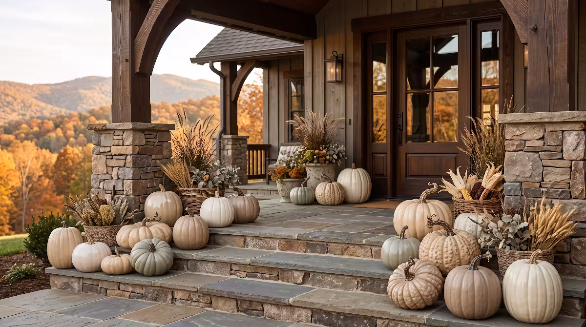 Decorative pumpkins on a front porch.