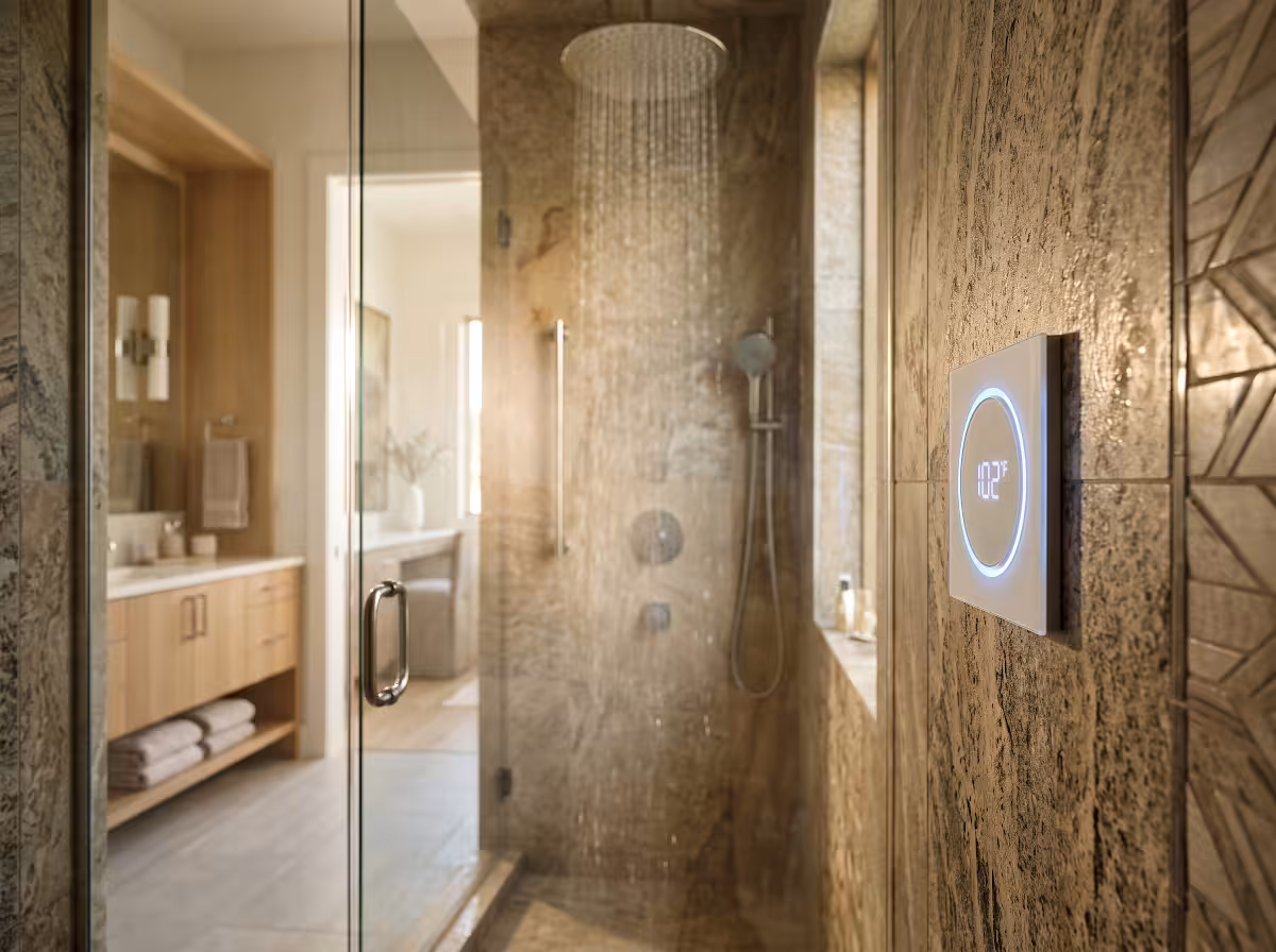 A digital shower in a bathroom.