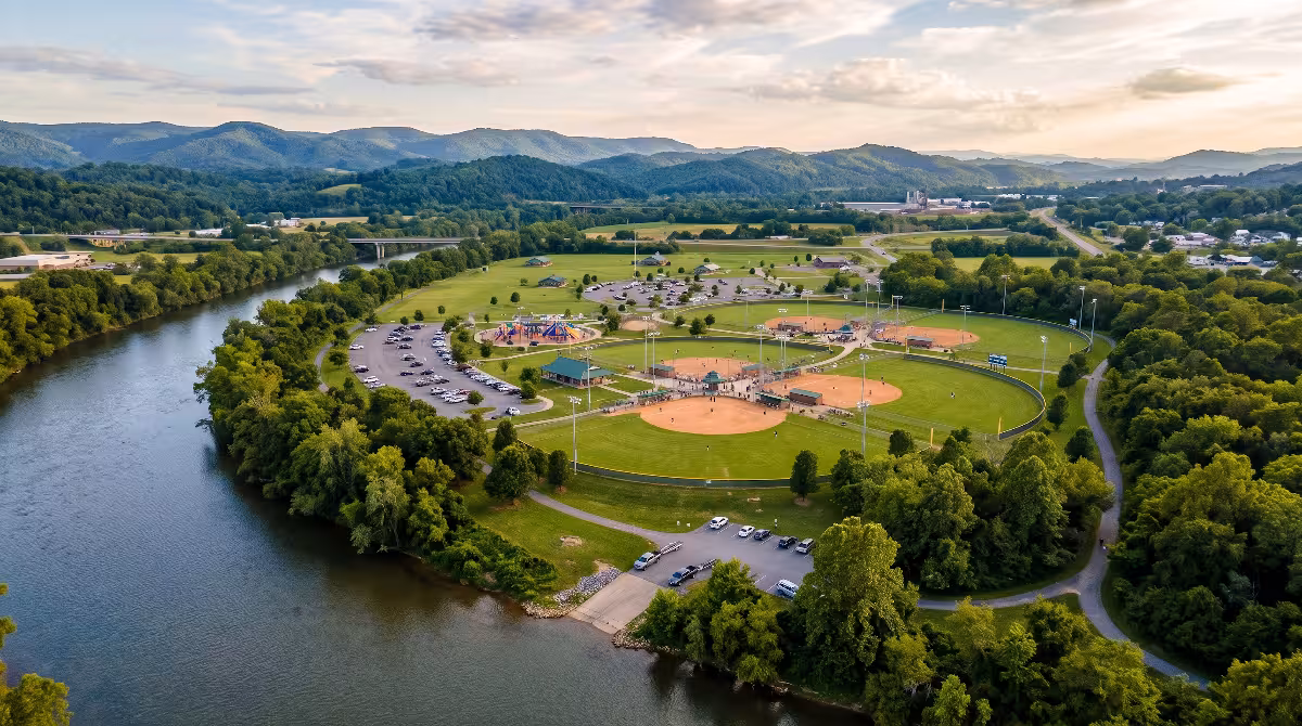 An aerial view of domtar park in kingsport, tn.