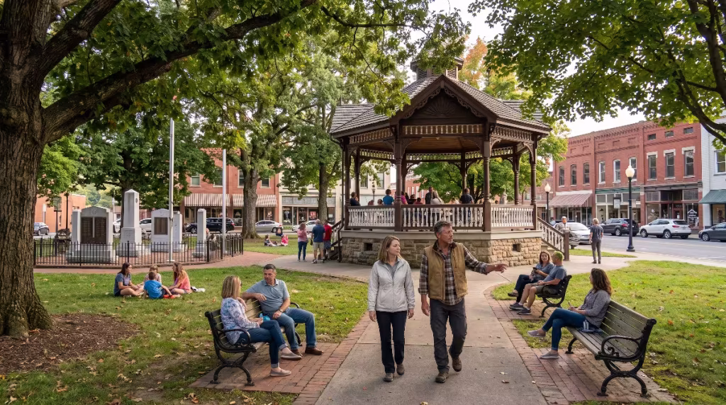 A downtown park with a gazebo.