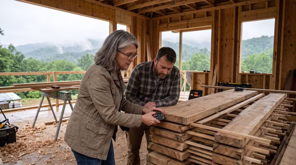 A woman checking the moisture in wood.