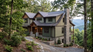 A house with exterior color palettes that blend with the landscape.