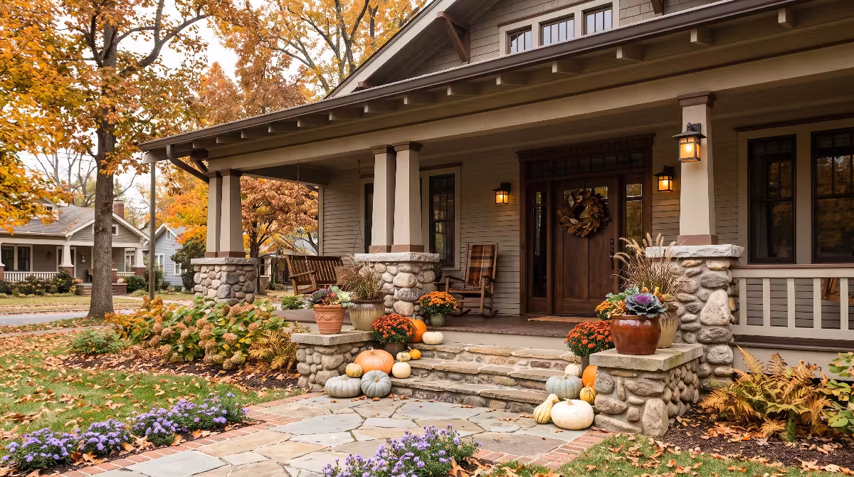 A craftsman house with fall curb appeal.