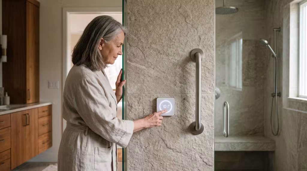 An older person using a digital shower.