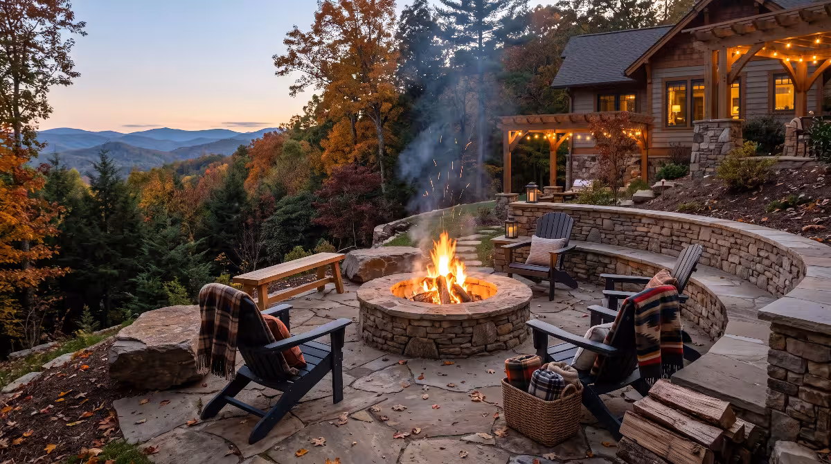 Fire pit seating outside a house.