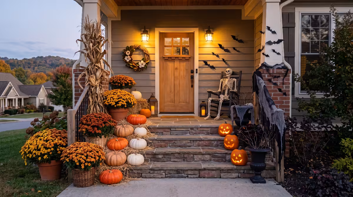 A home with halloween front stoop staging.