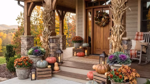 Harvest front porch decor in home.