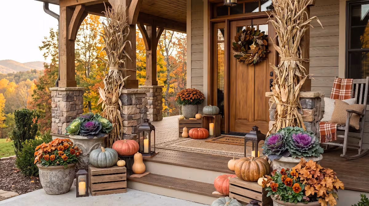Harvest front porch decor in home.