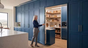 A woman looking at a hidden pantry cabinet door.