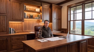 A man sitting at a home office executive desk.