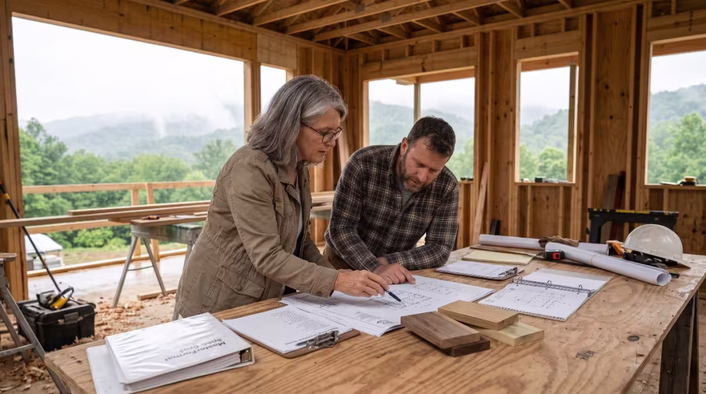 Two people looking over the steps to using fsc hardwood.