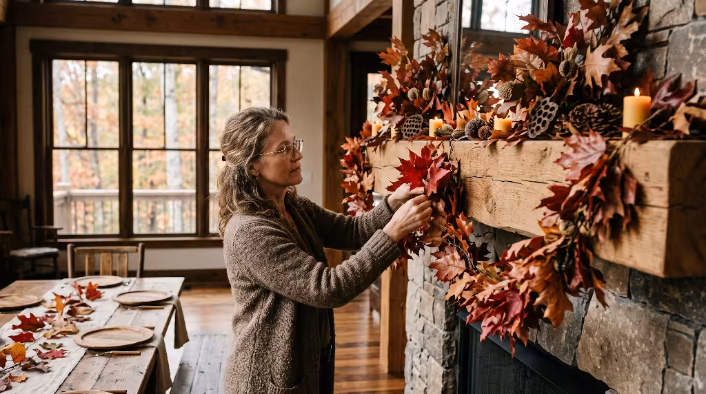 A woman arranging leaves in the home.