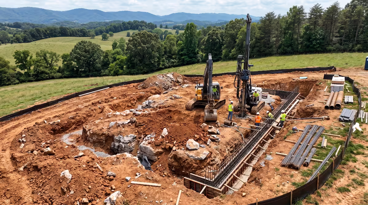 Workers laying a foundation on karst topography.