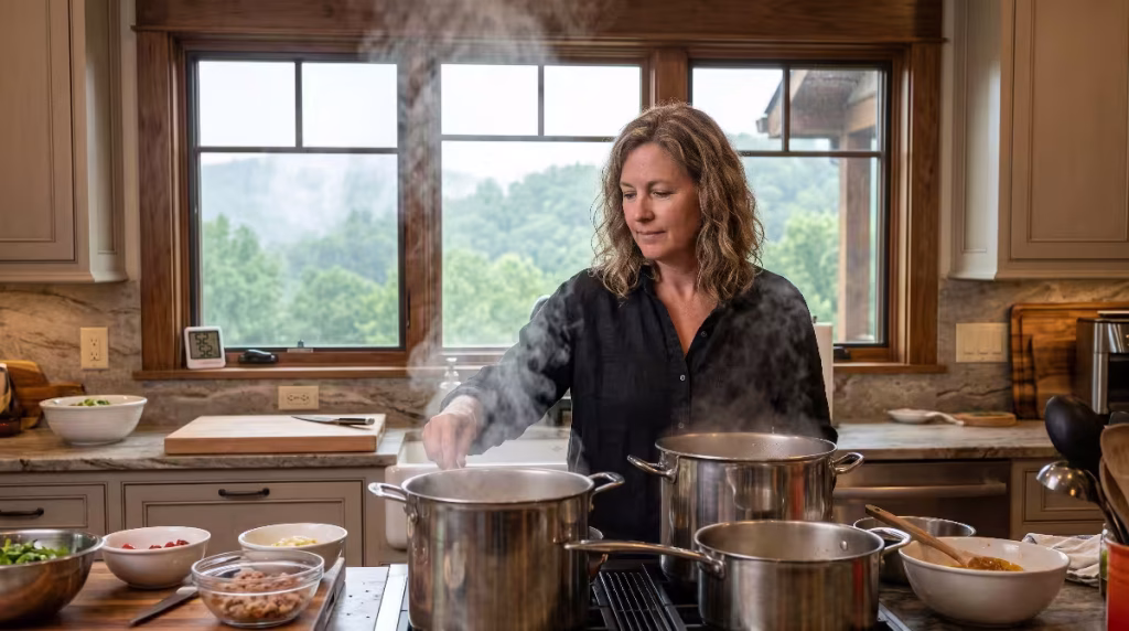 A women looking at pot steaming on the stove.