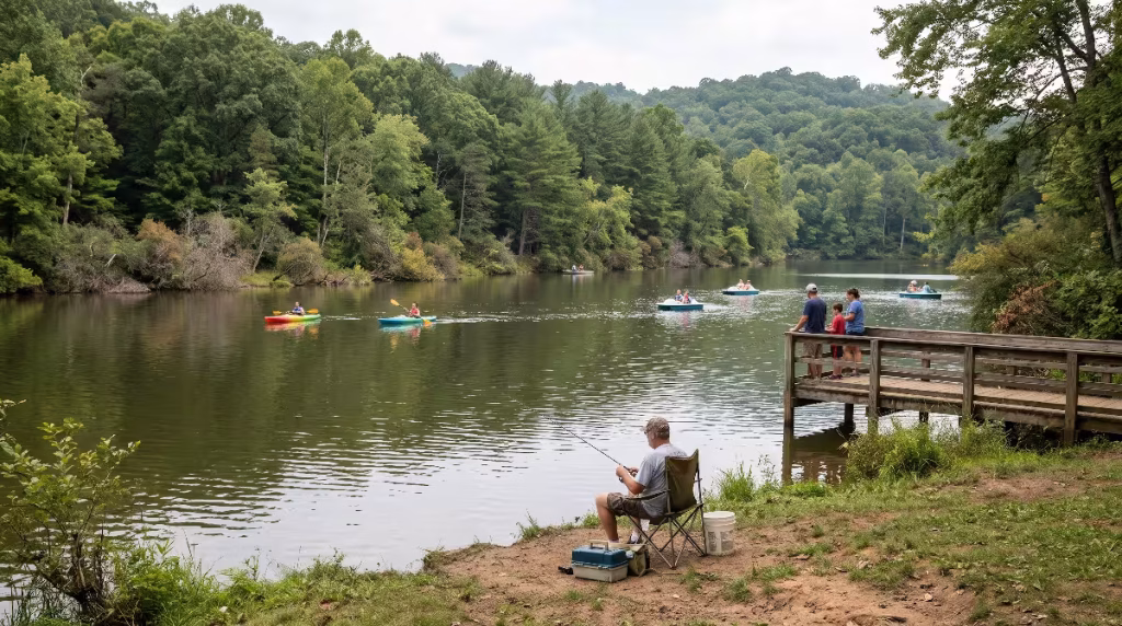 A person fishing at the lake.