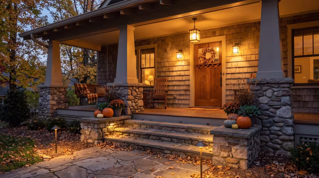 A front porch with lighting.