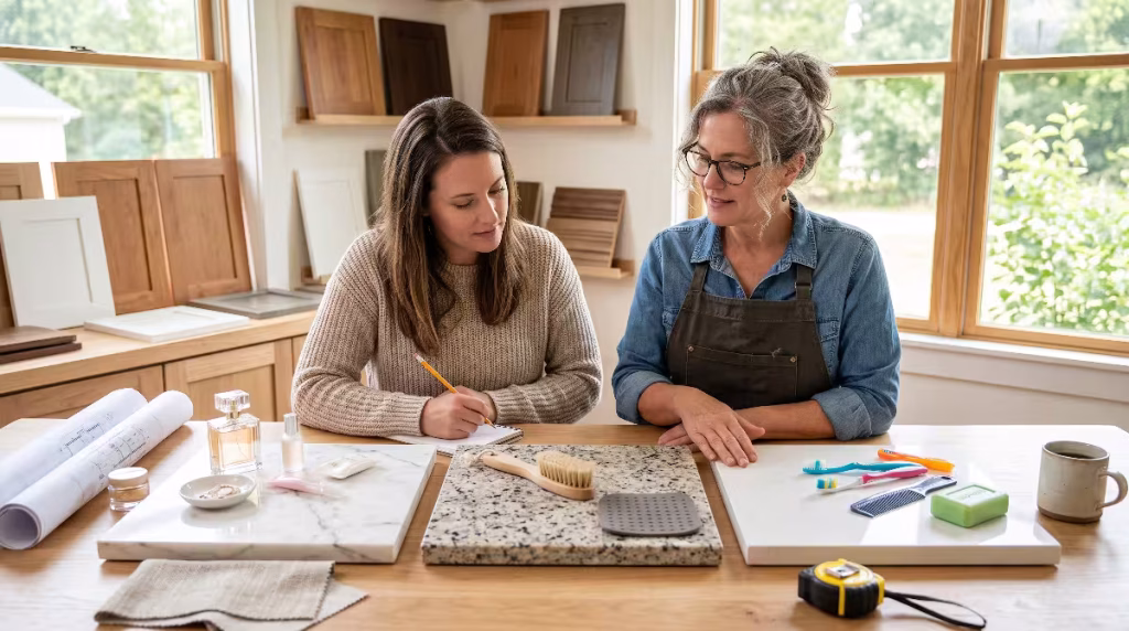 Two woman looking at countertops.