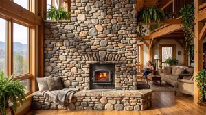A fireplace made of local river rock.
