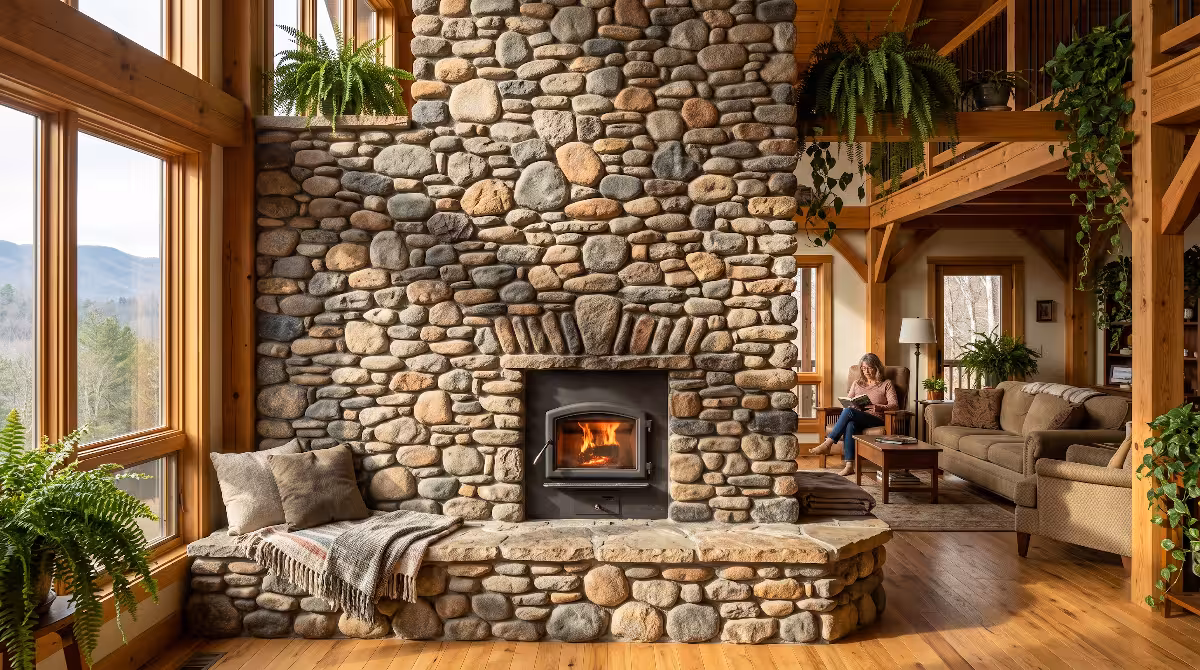 A fireplace made of local river rock.