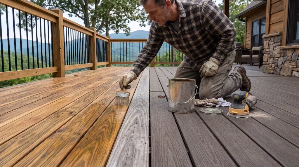 A man maintaining a deck.