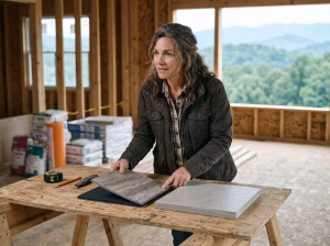 A woman looking at luxury vinyl tile at a construction site.
