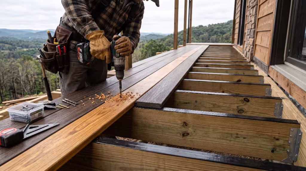 A man installing decking.