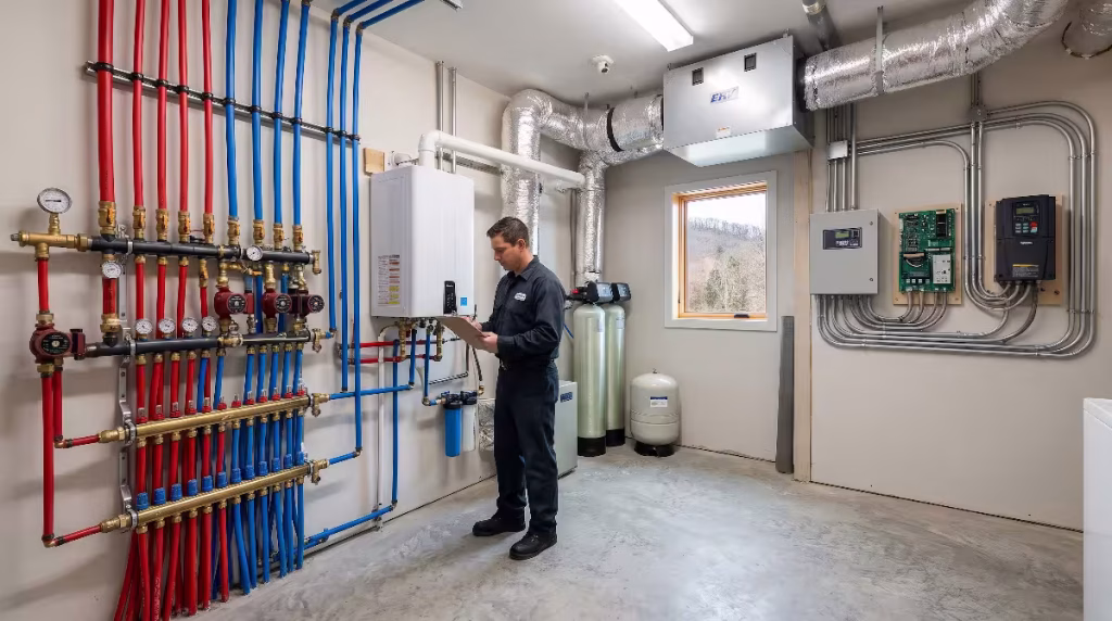 A worker looking at mechanical systems in a house.