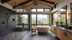 A modern master bathroom with a tub and curbless shower.