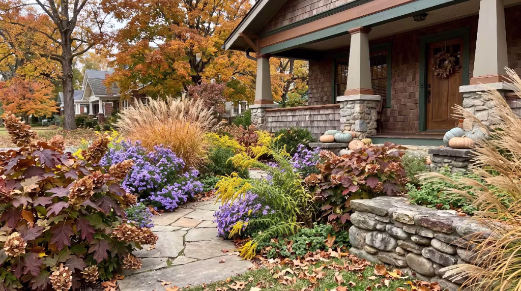 A front porch with native plants.