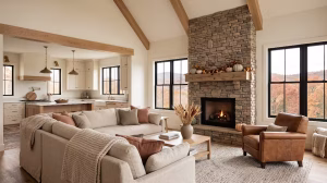 The interior of a home with a neutral fall color palette.