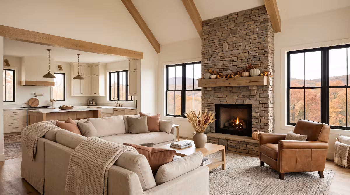 The interior of a home with a neutral fall color palette.