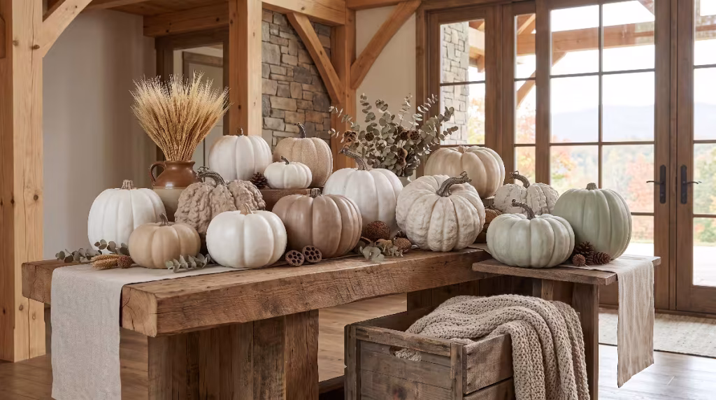 A group of neutral colored pumpkins.