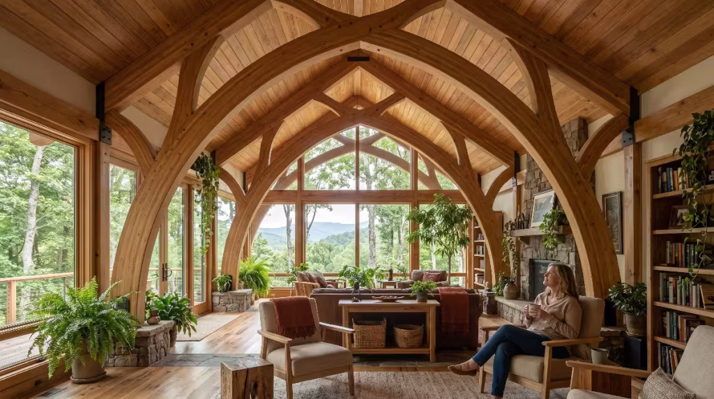 A woman sitting underneath an organic roof.