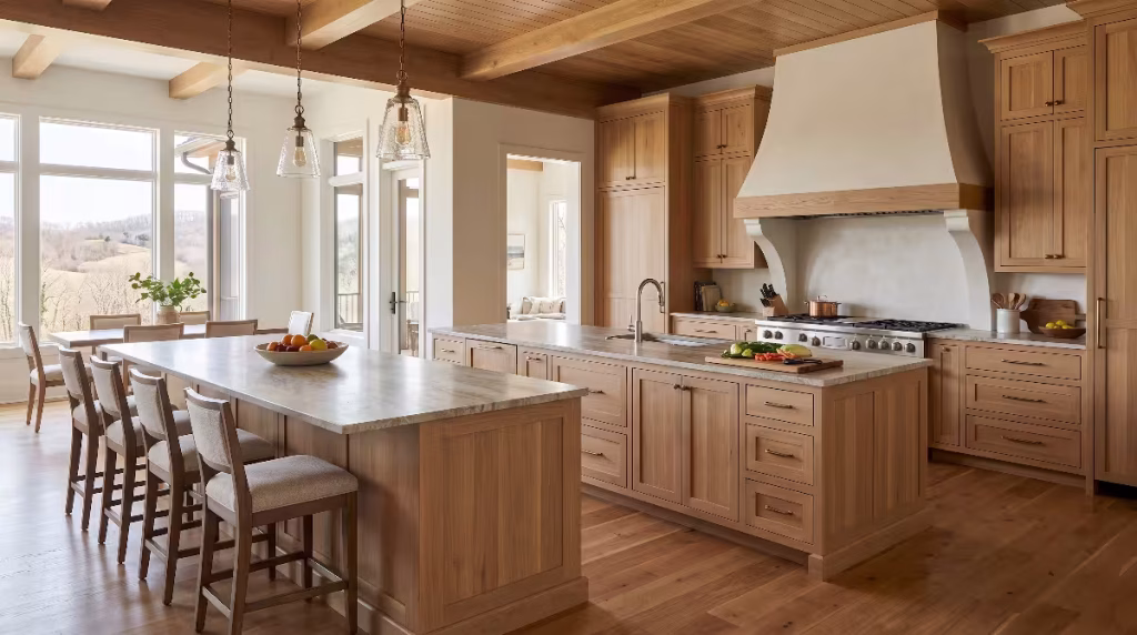 A parallel double kitchen lsland.