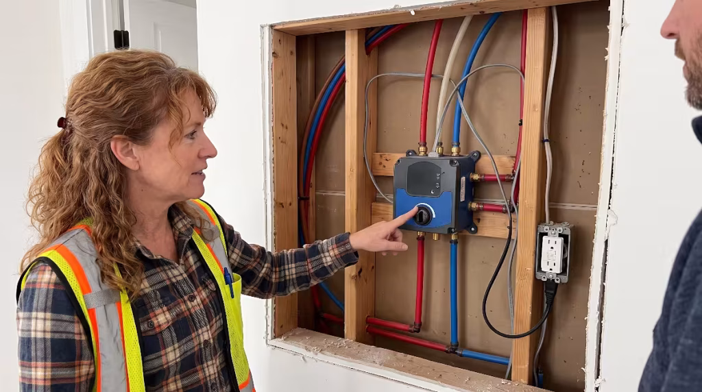 A contractor looking at the control center of a digital shower.